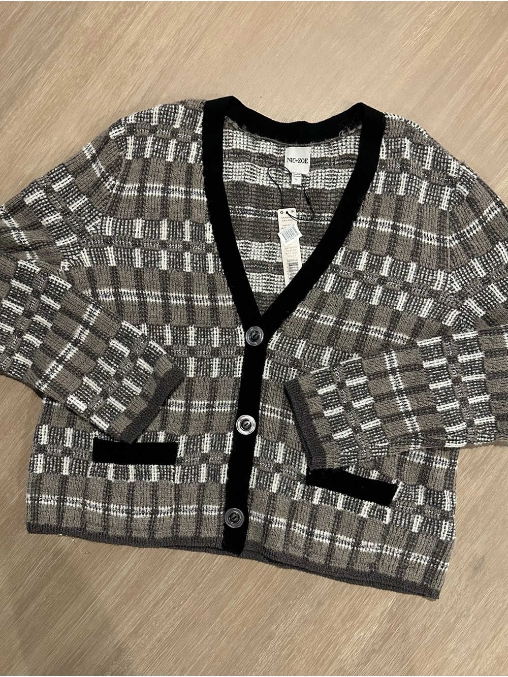 NIC+ZOE Grid Mix Plaid Cardigan Sweater NWT L Black Gray White Button Front